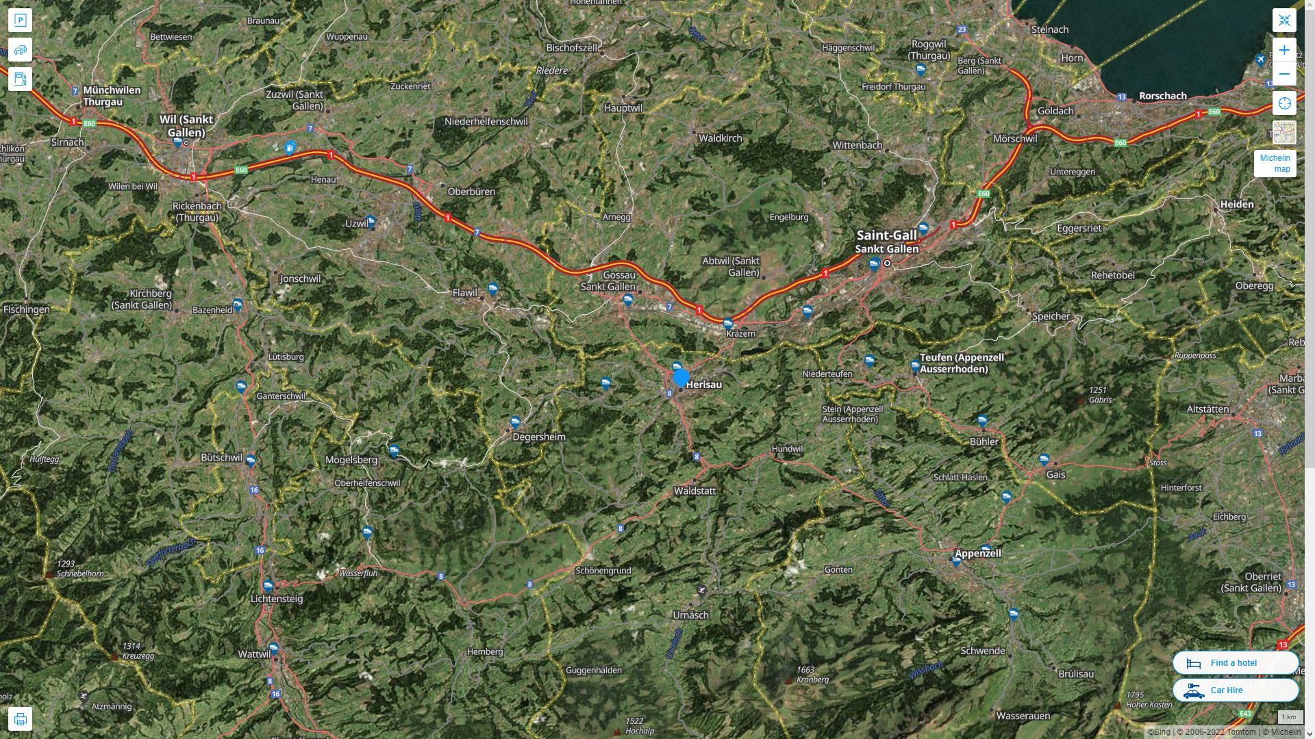 Herisau Suisse Autoroute et carte routiere avec vue satellite